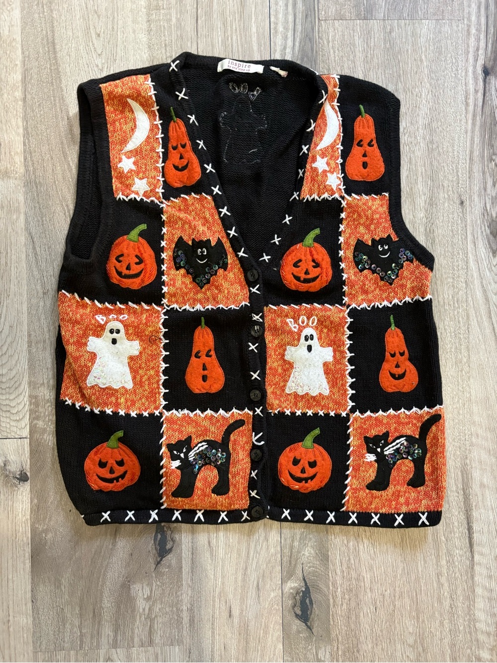 Vintage Halloween sweater vest pumkin ghost cat